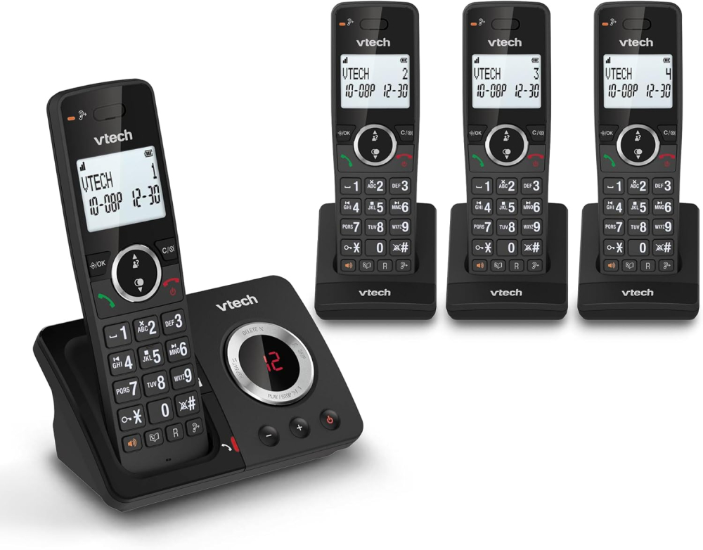 VTech ES2053 Cordless Phone with Answering Machine, Call Block, Easy-to-Read Backlit Display, 18 Hours Talk-time, Volume Booster, Handsfree Speakerphone, Speed Dial, DECT, 4 Handsets