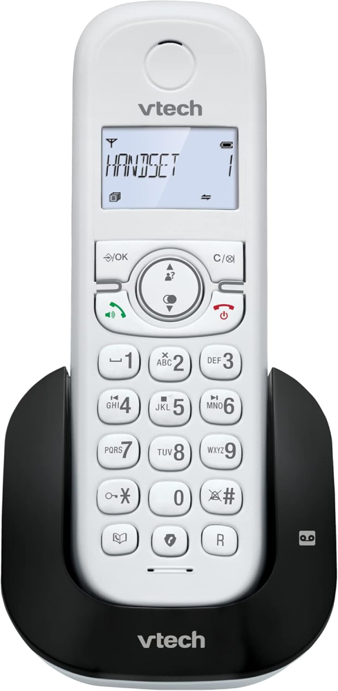 VTech CS1550 DECT Cordless Phone with Answering Machine and Call Block, 1 Handset, Landline House Phones, White, Caller ID/Call Waiting, Redial, Handsfree, illuminated Display and Keypad