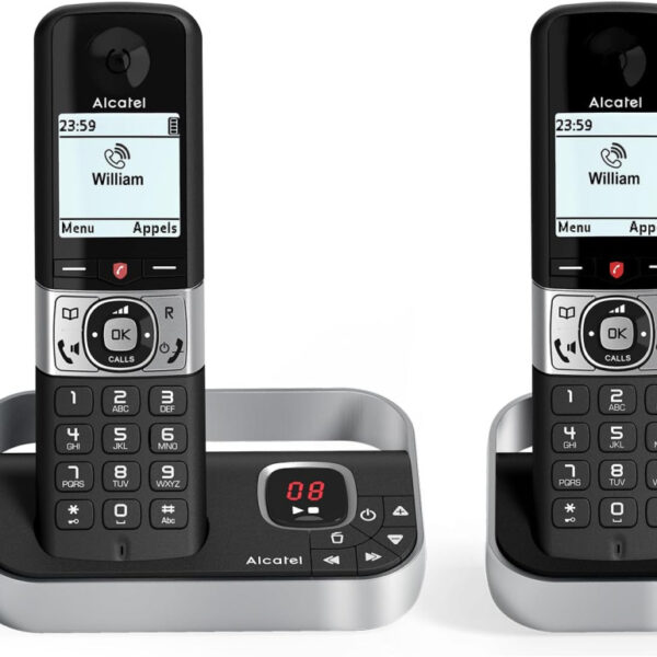 ALCATEL F890 Voice Duo - Cordless Phone DECT With Answering Machine - High Resolution Graphic Display - Handsfree - Call Barring - VIP Ringtone - 50 Min Answering Machine - 2 Handsets - Black/Grey