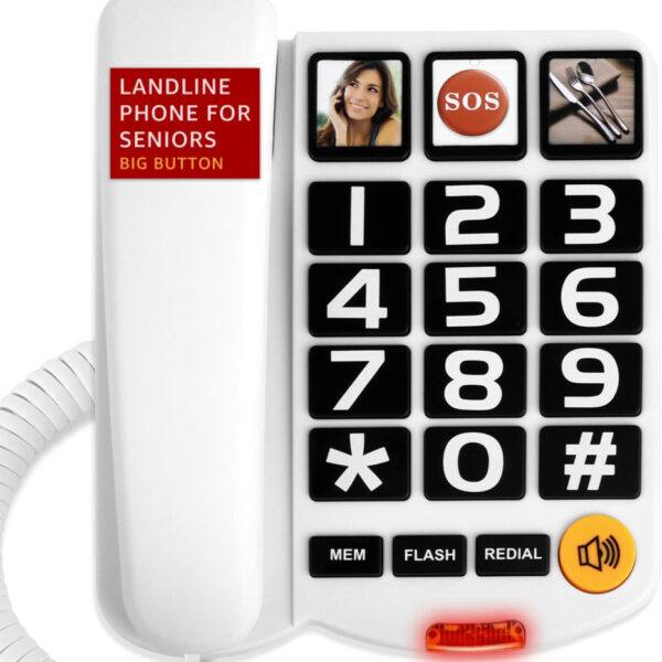 Big Button Landline Phone for Seniors, Uvital Senior Telephone for Elderly with 3 One-Touch Dialing, Corded Landline with SOS Emergency Button, Adjustable Volume, Ringtone Off Function(White)