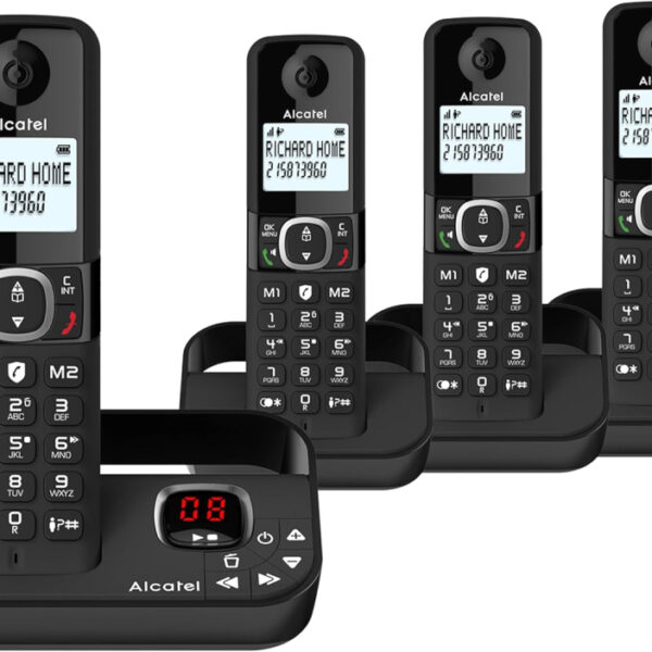 ALCATEL F860 Voice Quad - DECT Cordless Phone With Answering Machine - Large Backlit Display - Loudspeaker - Call Barring - 2 Direct Memory Keys - 4 Handsets - Black