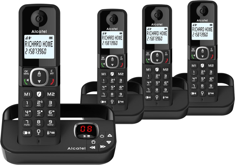ALCATEL F860 Voice Quad - DECT Cordless Phone With Answering Machine - Large Backlit Display - Loudspeaker - Call Barring - 2 Direct Memory Keys - 4 Handsets - Black