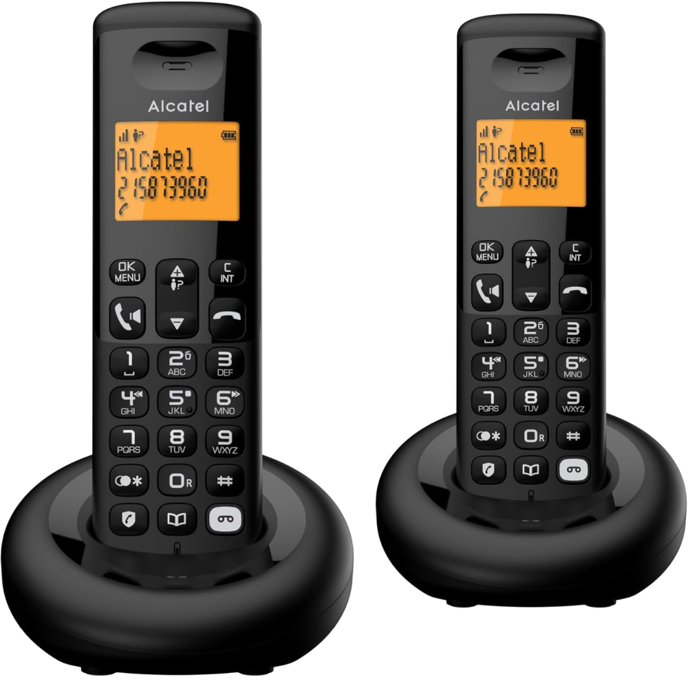 ALCATEL E260 SVoice Duo - DECT Cordless Phone with Answering Machine - Compact Design - Large Backlit Display - Handsfree - Unwanted Call Blocking - 2 Handsets - Black