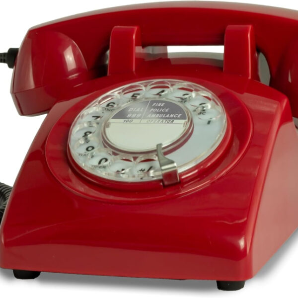 Opis Technology 60s Cable: The Retro Rotrary Phone with old fashioned dial and metall bell ringer - an analogue landline house telephone that fits modern connections, boxes and routers in Red