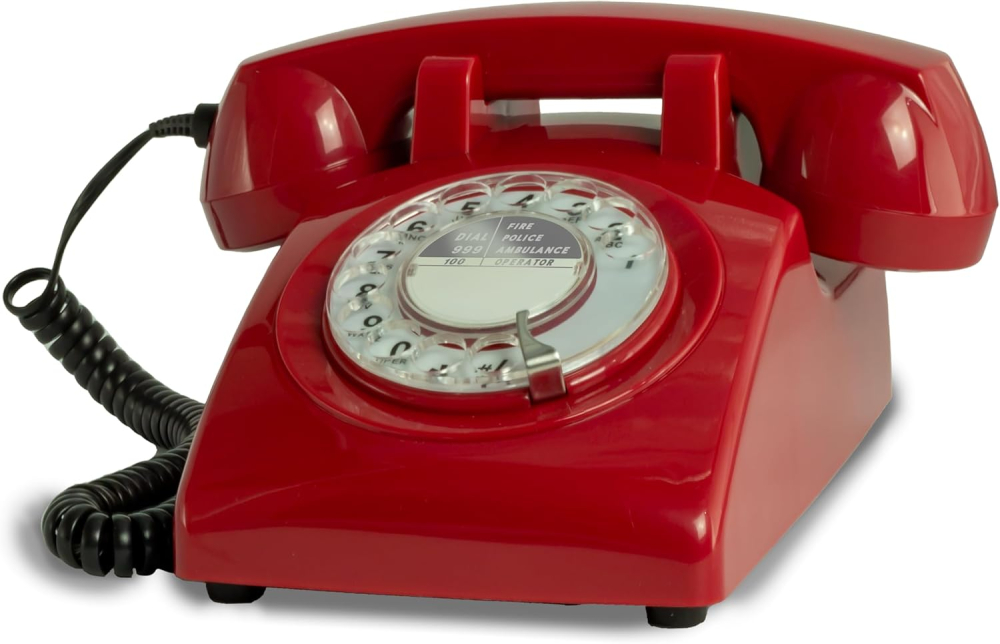 Opis Technology 60s Cable: The Retro Rotrary Phone with old fashioned dial and metall bell ringer - an analogue landline house telephone that fits modern connections, boxes and routers in Red