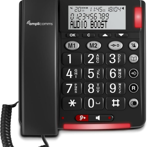Amplicomms Bigtel 48 Big Button Phone Loud Sound Corded Landline Phones with Hands-free function, Large display, Audio Boost and Extra Loud Ringers, Hearing Aid Compatible Telephone