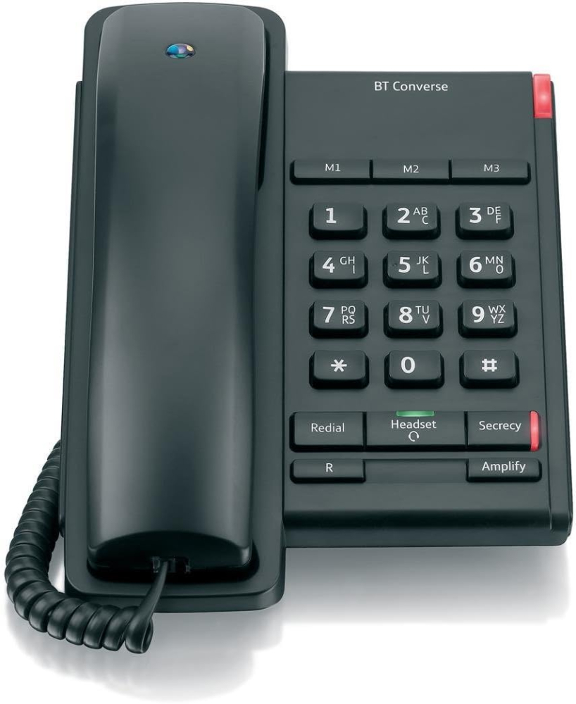 BT Converse 2100 Corded Landline House Phone, Home Phone, 3 Quick Dial Buttons, Headset Socket, Black