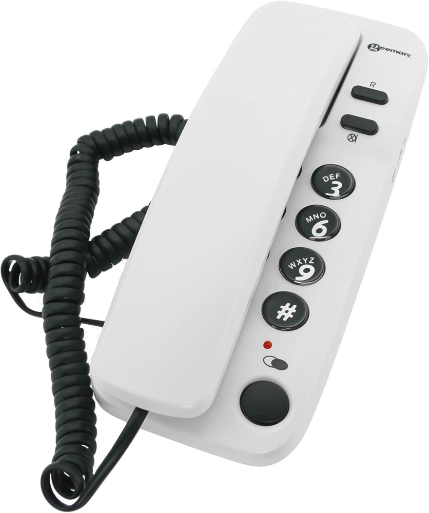 Geemarc Marbella - Gondola Style Corded Telephone with Large Buttons, Mute Function and Visual Ring Indicator - Wall Mountable - UK Version - Pearl White