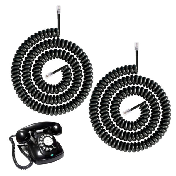 3 Meters telephones landline Handset cable, RJ9/RJ10/RJ22 4P4C Coiled House Phones Extension Wire Curly Spring Cord for Home BT Landline Voip Phone Black, 2PCS