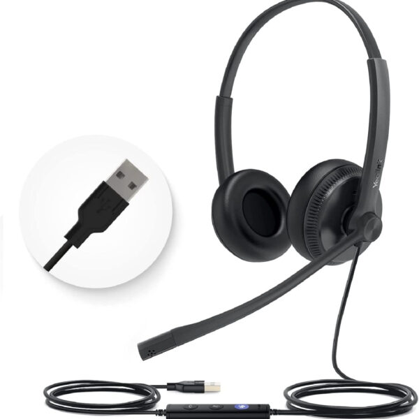 Yealink UH34 Headset Certified for Microsoft Teams USB-A Stereo Headsets with Microphone Noise Cancelling for Call Center Business Office VoIP Phone PC Laptop Computer Headset (Leather Ear Cushion)