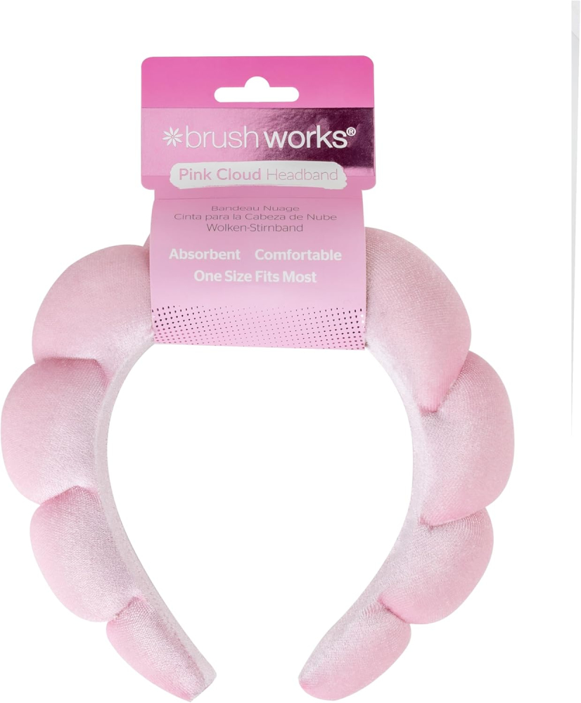 Brushworks Pink Cloud Beauty Headband – Ultra-Soft, Puffy Terry Cloth Headband for Skincare, Makeup & Face Washing, Comfortable, Non-Slip Design for Women, Girls