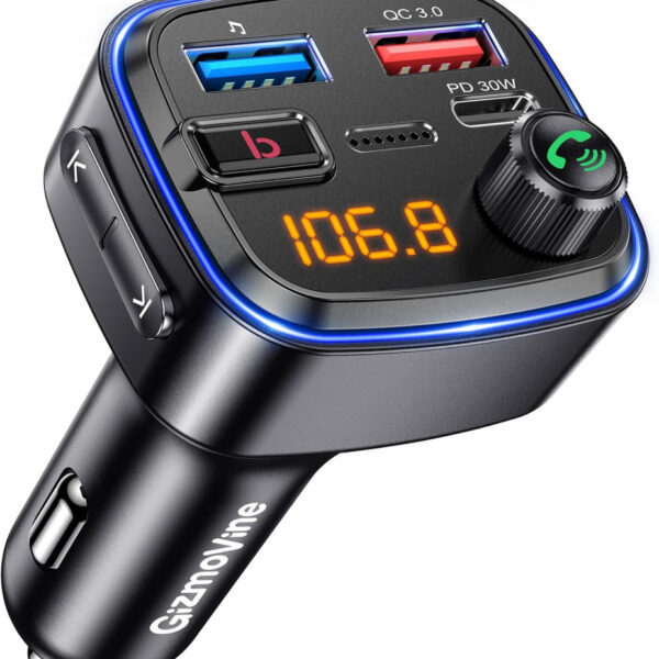 GizmoVine Bluetooth Car Adapter, FM Transmitter, Wireless Hands Free Phone Kit, Radio Receiver Audio Blue Tooth Adaptor, Usb C QC PD 30W Fast Charger for 12V Cigarette Lighter, U Disk MP3 Music Player