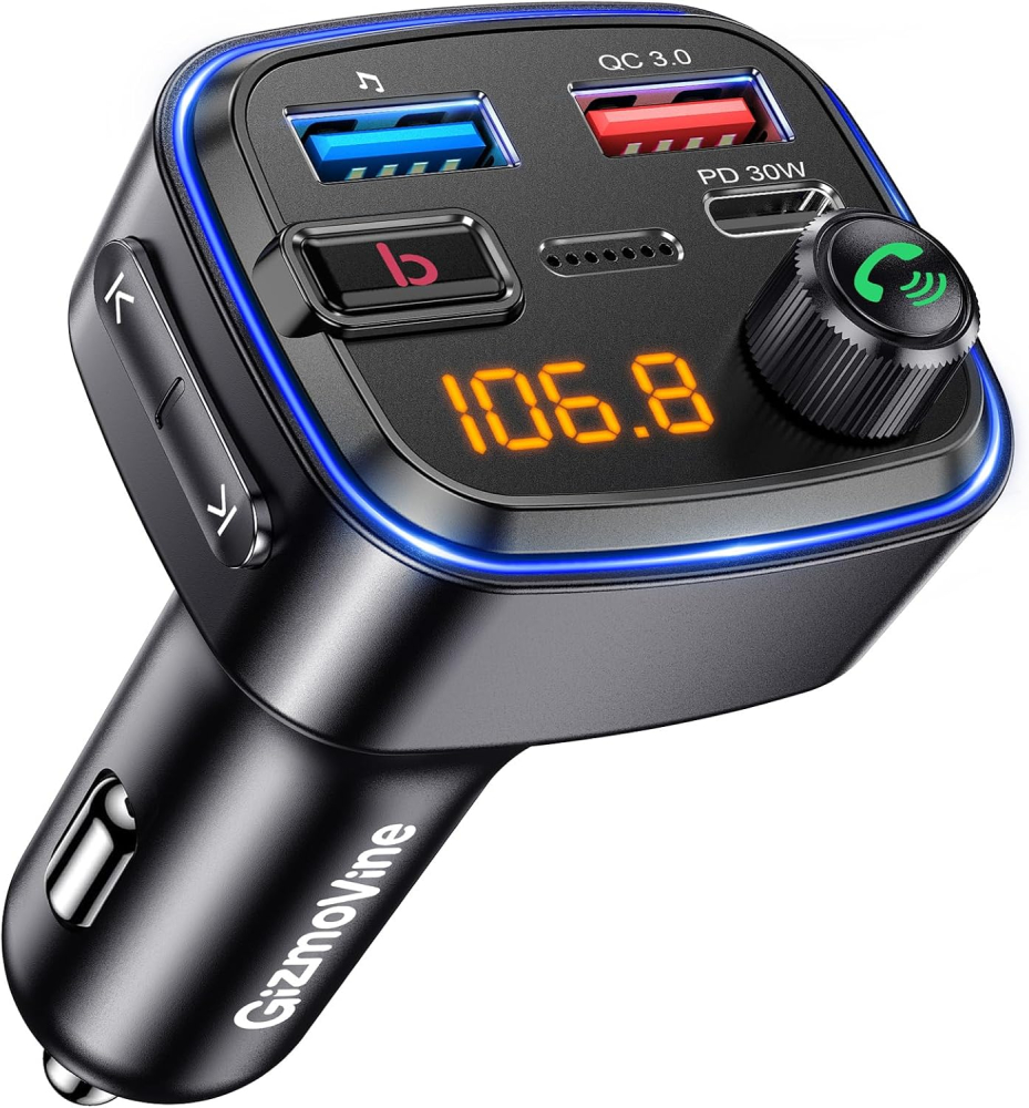 GizmoVine Bluetooth Car Adapter, FM Transmitter, Wireless Hands Free Phone Kit, Radio Receiver Audio Blue Tooth Adaptor, Usb C QC PD 30W Fast Charger for 12V Cigarette Lighter, U Disk MP3 Music Player