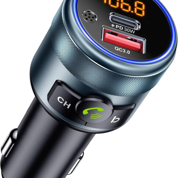 GizmoVine Car FM Transmitter,Bluetooth 5.3 Adapter,Wireless Radio Transmitter for Car,PD 30W QC3.0 18W Fast Charging,Hands-Free,Bass Boost,LED Display,USB Flash Play,All Metal,12V/24V