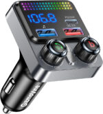 GizmoVine Bluetooth 5.4 FM Transmitter for Car, 48W Car Charger [PD 30W & QC3.0 18W], 3 Ports, Wireless Radio, Deep Bass, Hands-Free Calls, Voice Assistant, USB Play, Neon Lights, 12V/24V