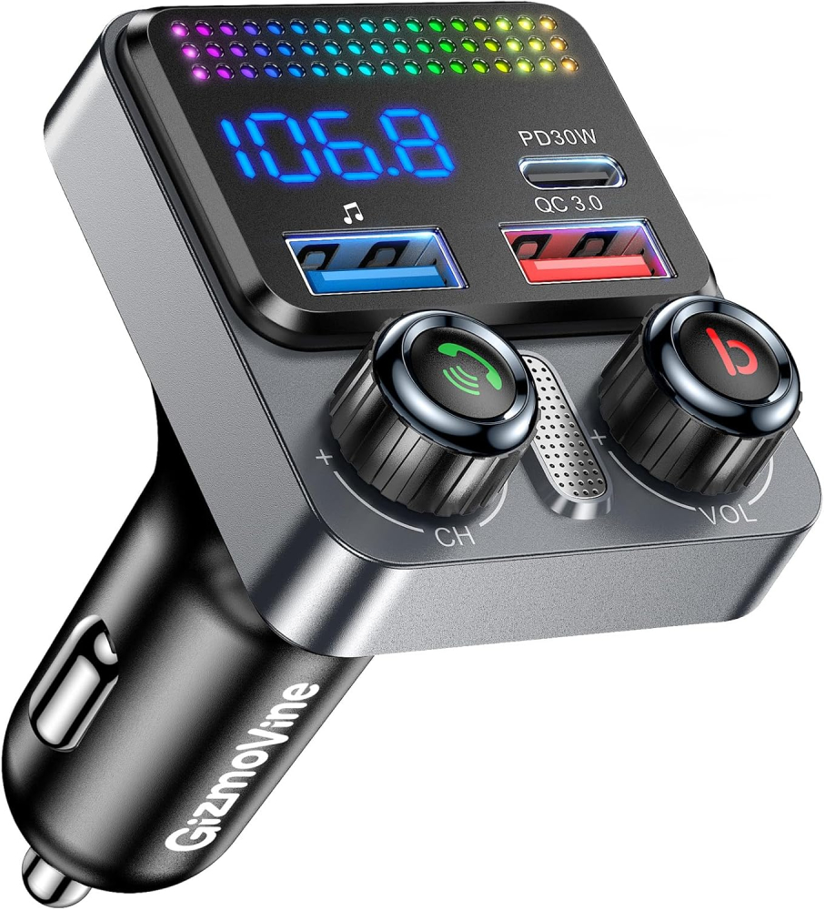 GizmoVine Bluetooth 5.4 FM Transmitter for Car, 48W Car Charger [PD 30W & QC3.0 18W], 3 Ports, Wireless Radio, Deep Bass, Hands-Free Calls, Voice Assistant, USB Play, Neon Lights, 12V/24V