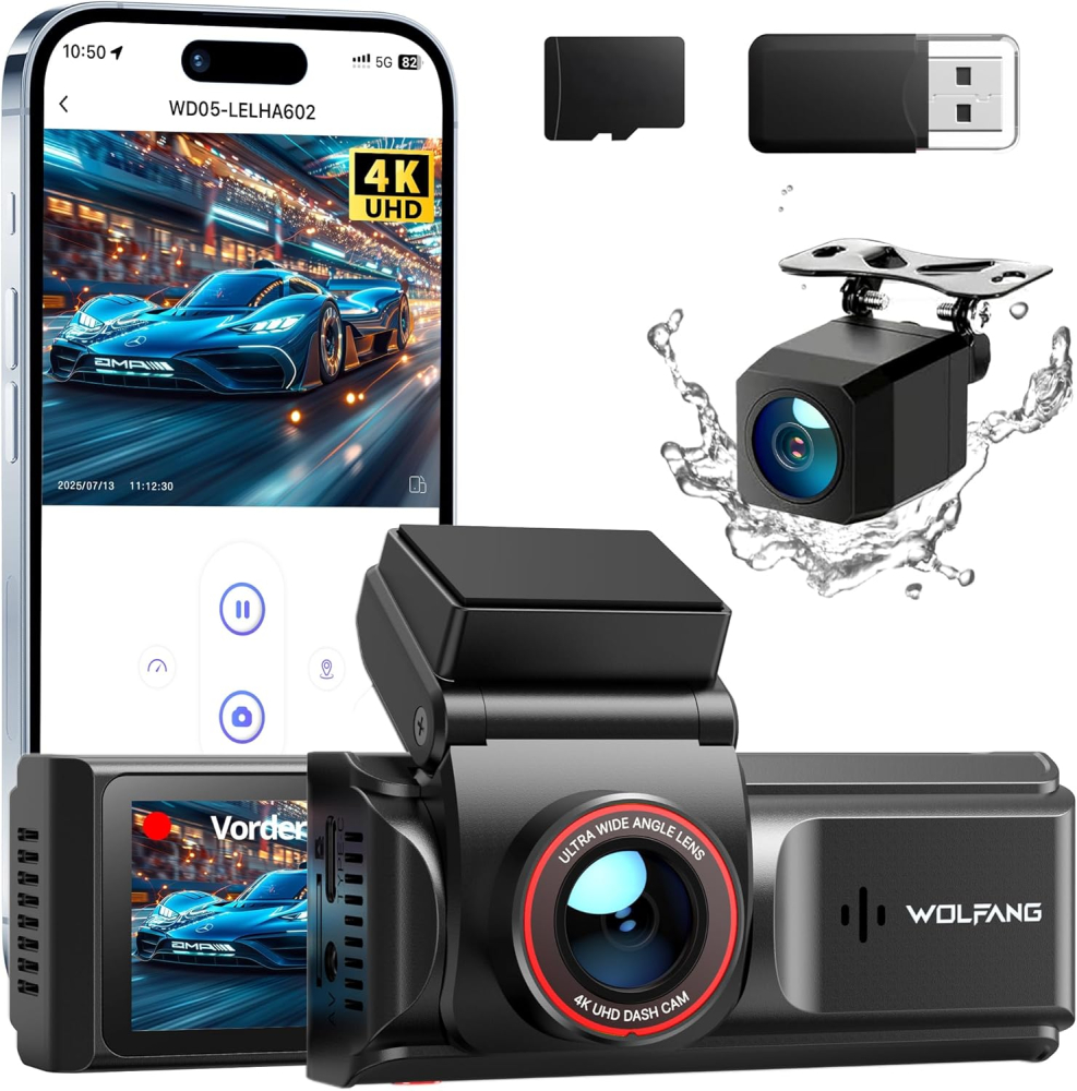 WOLFANG 4K Dash Cam Front and Rear WiFi Dashcam, Dual Car Camera Dash Cam with 3"IPS, Super Night Vision, Loop Recording, G-Sensor, 170 Wide Angle, Parking Guard, with SD Card, APP Control