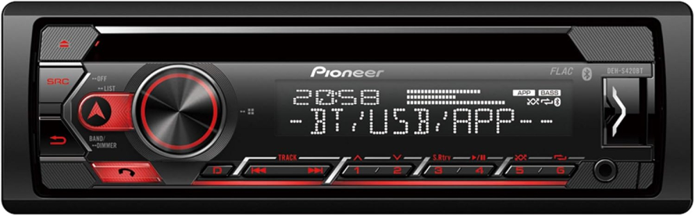Pioneer DEH-S420BT 1-DIN CD Tuner with Bluetooth, USB, Spotify, Pioneer Smart Sync App and compatible with Apple and Android devices.