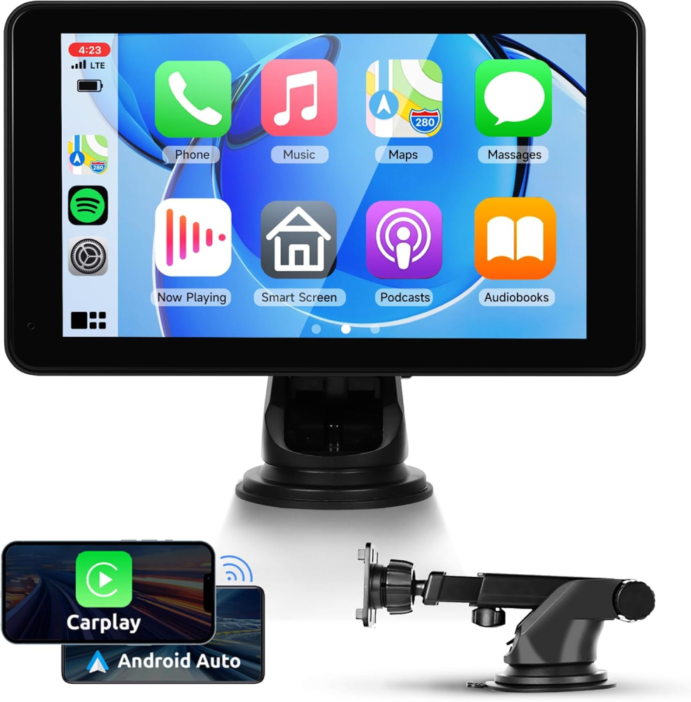 Portable Wireless Carplay Screen Android Auto Portable Car Radio Car play, 7" HD IPS Touch Screen Bluetooth FM Transmitter Mirror Link OTA SuperLink AUX 7-32V