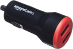 Amazon Basics 2-port USB-A Car Charger - 24W - For phones (iPhone 16/ 15/14/13/12/11/X, Samsung and more) - Not PPS - Black/Red