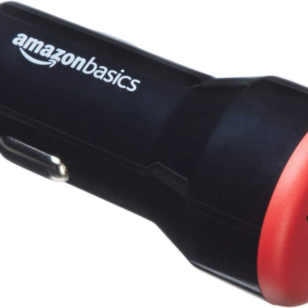 Amazon Basics 2-port USB-A Car Charger - 24W - For phones (iPhone 16/ 15/14/13/12/11/X, Samsung and more) - Not PPS - Black/Red
