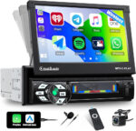 CAMECHO 1 DIN CarPlay Android Auto Electric Flip Out Car Stereo, 7 Inch Single Din Touch Screen Radio,Support Bluetooth Handsfree FM TF/USB/AUX/Mirror link+Rear View Camera