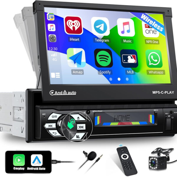 CAMECHO 1 DIN CarPlay Android Auto Electric Flip Out Car Stereo, 7 Inch Single Din Touch Screen Radio,Support Bluetooth Handsfree FM TF/USB/AUX/Mirror link+Rear View Camera