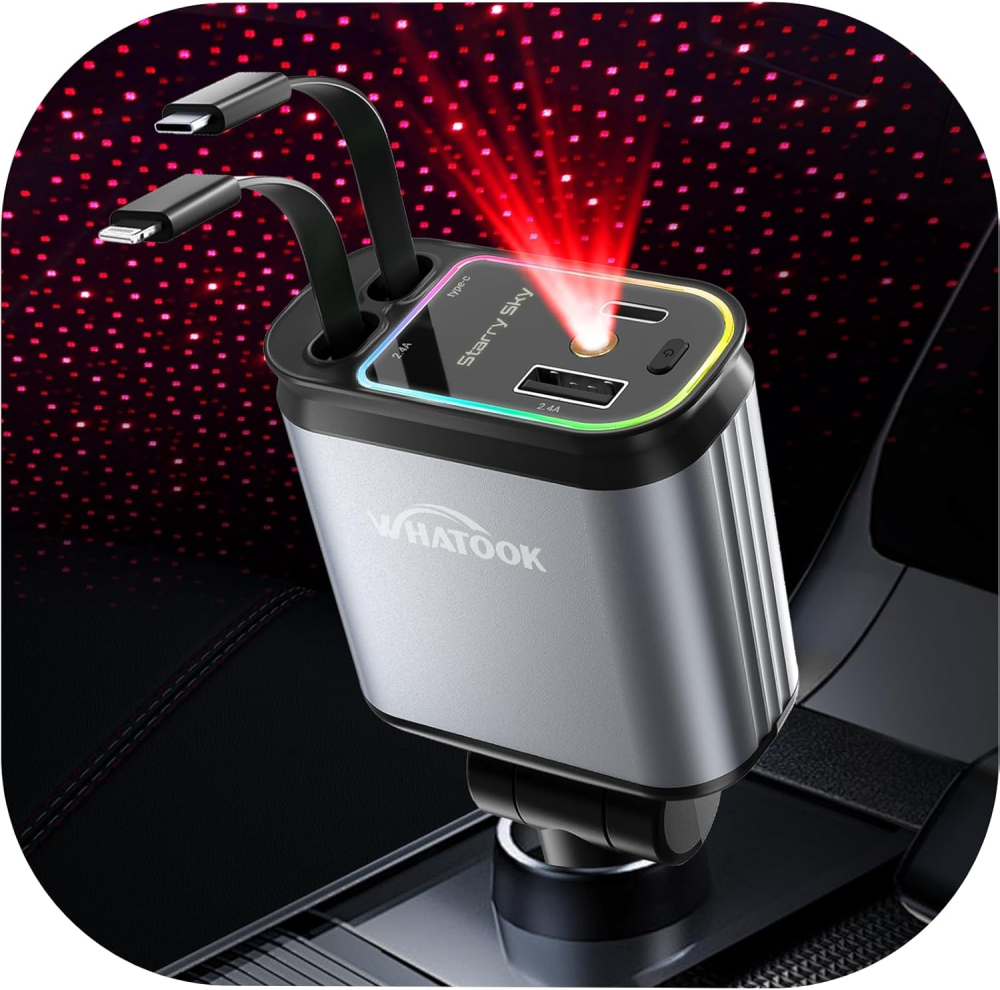 WHATOOK Retractable Car Charger Adapter: 4 in 1 Cigarette Lighter with Starry Sky LED,66W Fast USB C Mobile Phone Automobile Charger, Ford Fiesta Car Accessories Gadgets Gifts for Men Women Christmas