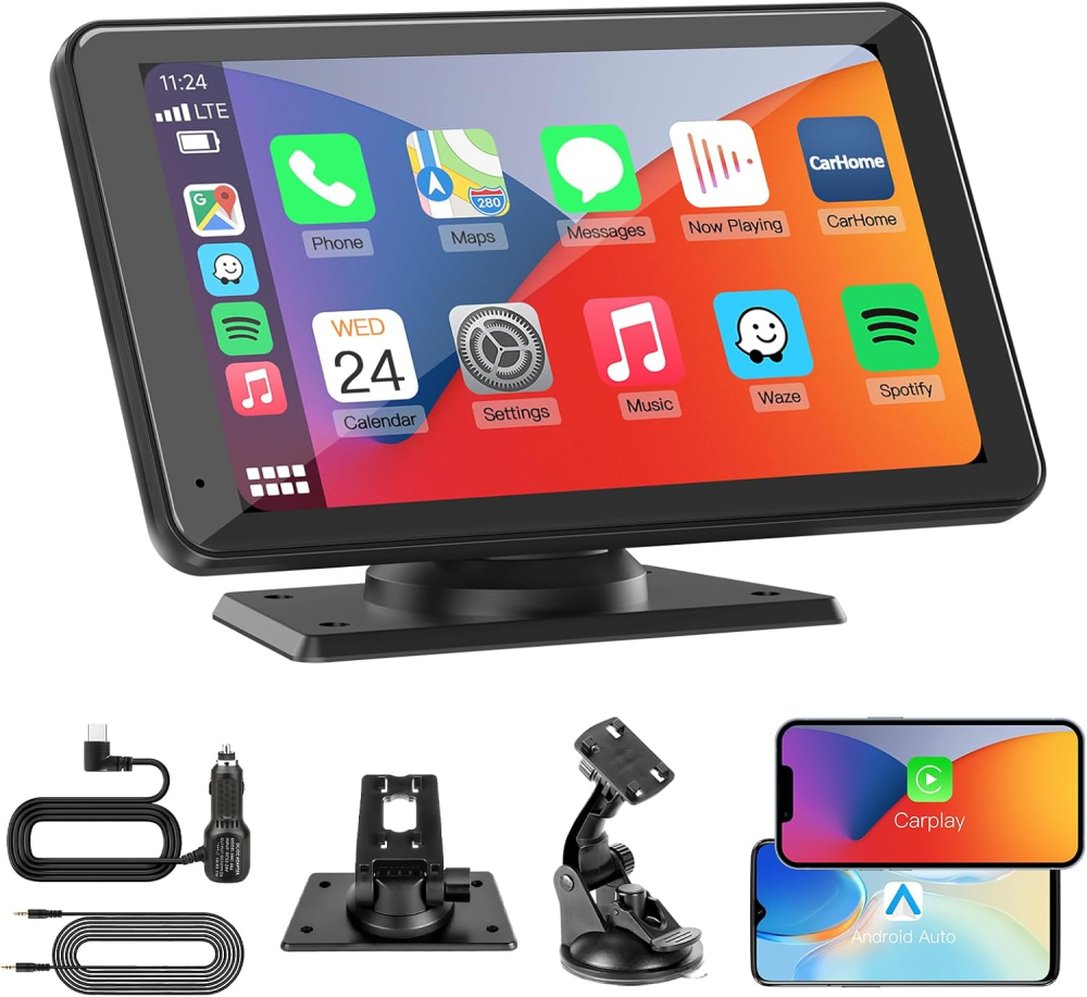 Portable Wireless CarPlay Android Auto Screen - Car Stereo 7" HD Touchscreen Radio CarPlay Screen for Car Fits Apple&Android, Car Audio Receivers with Bluetooth/AUX/FM/Voice Control