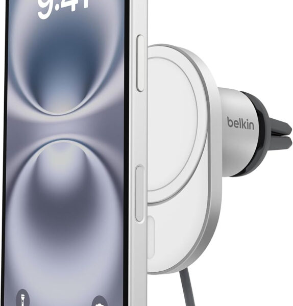 Belkin BoostCharge Pro Magnetic Wireless Car Charger with Qi2 15W, MagSafe-compatible magnetic car vent phone mount for iPhone 17, Air, 16 Series, Pixelsnap, 1.5m USB-C to USB-C cable included - Grey