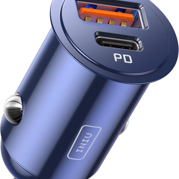 INIU Car Charger, Cigarette Lighter USB Charger Total 60W [USB C 30W+USB A 30W] 12V USB Socket, PD3.0 Fast Charge Car Phone Charger Metal Adapter for iPhone 16 15 14 13 12 Pro Max iPad Samsung Blue