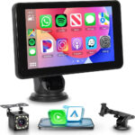 Portable Wireless Carplay Screen wiith Backup Camera Android Auto Portable Car Radio Car play, 7" HD IPS Touch Screen Bluetooth FM Transmitter Mirror Link OTA SuperLink AUX 7-32V