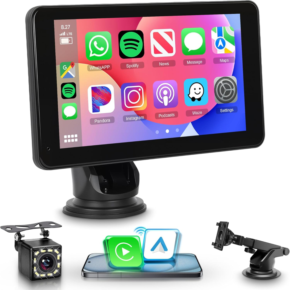 Portable Wireless Carplay Screen wiith Backup Camera Android Auto Portable Car Radio Car play, 7" HD IPS Touch Screen Bluetooth FM Transmitter Mirror Link OTA SuperLink AUX 7-32V