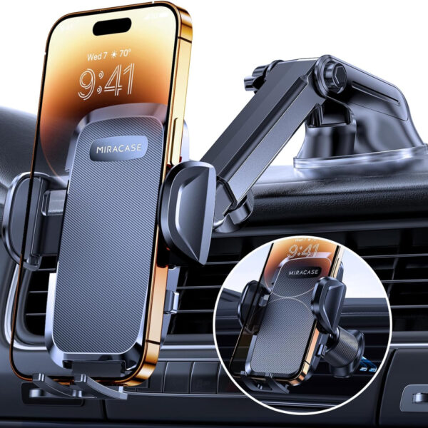 Miracase Car Phone Holder,Super Suction Cup & Ultra Stable Double Steel-Hook,360° Rotation Multi-Scene Mobile Phone Mount Cradle for Cars，One-Button Release for all 4.5"-7" Smartphone