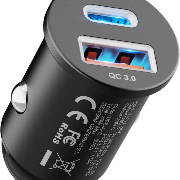 GRIFEMA Car Charger 30W, Dual Port Cigarette Lighter USB Charger with 30W PD USB-C and 18W QC 3.0 USB-A, Fast Car Charger for iPhone 16 15 14 13 Pro, Samsung Galaxy, iPad, Aluminium Housing