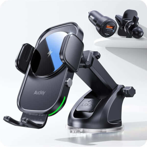 Auckly QC3.0+Sucker+Clip Car Phone Holder Wireless Charger,Qi 15W Fast Wireless Car Charger Automatic Sensor Phone Holder Vent Mount Compatible for iPhone 12 13 14 15 16 17 Pro Max Plus Mini 11 XS