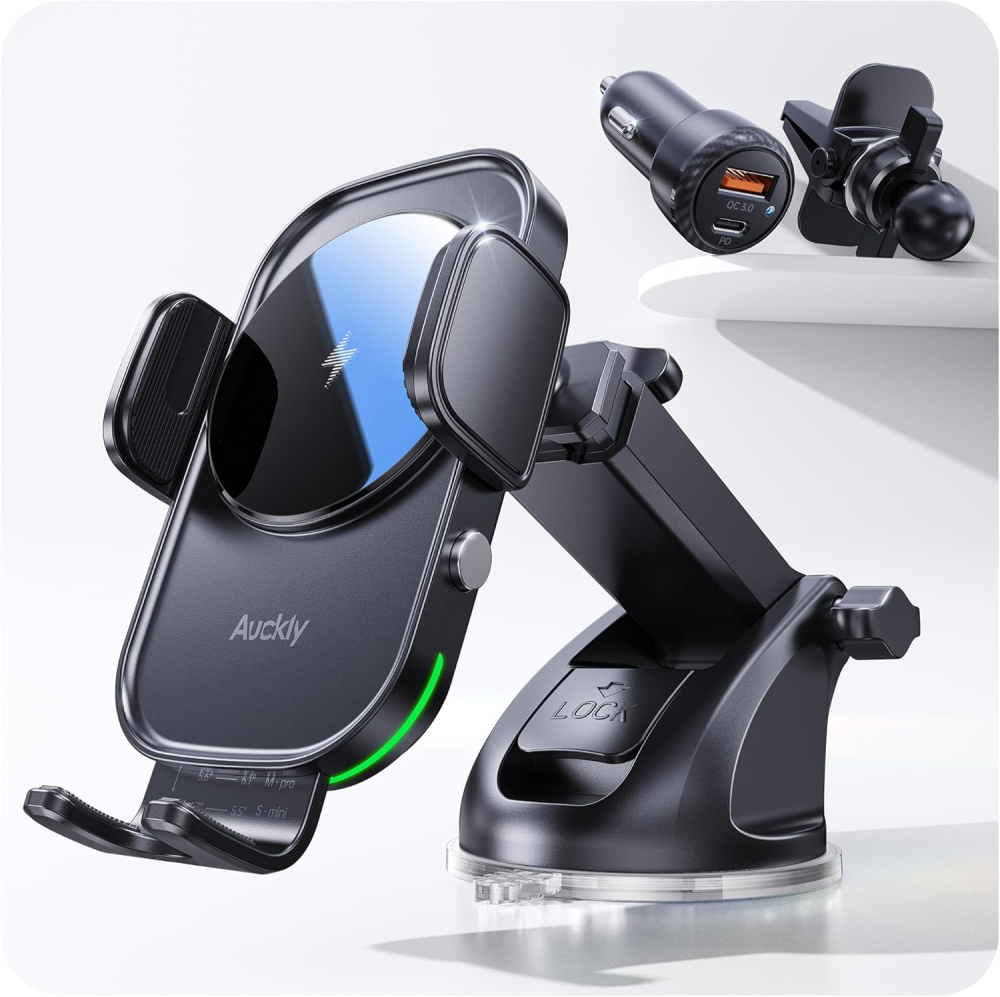 Auckly QC3.0+Sucker+Clip Car Phone Holder Wireless Charger,Qi 15W Fast Wireless Car Charger Automatic Sensor Phone Holder Vent Mount Compatible for iPhone 12 13 14 15 16 17 Pro Max Plus Mini 11 XS