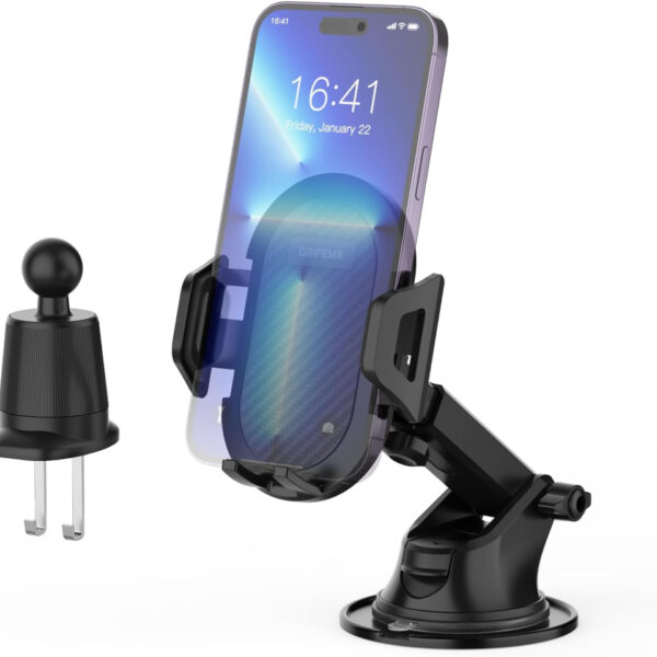GRIFEMA Car Phone Holder with Suction Cup and Vent Clip for Dashboard Windscreen and Air Vent, Secure Mount with Adjustable Arm and 360° Rotation, One Touch Release, Fits Phones 4.7 to 7.2 Inches