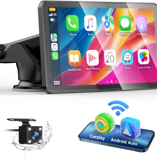 Wireless Car Stereo for Apple Carplay with Rear Camera,7" Portable Touch Screen Android Auto for Cars,Car Radio Receiver with Bluetooth, FM, AUX,Voice Assistant, Map Navigation