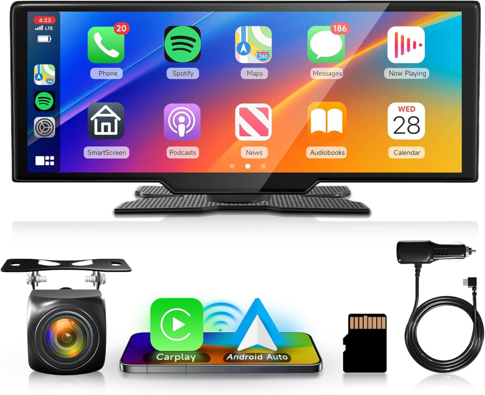 Portable Car Stereo with Wireless Carplay Android Auto, Rimoody 10.26 inch Touchscreen Portable Car Play Screen with Siri Transmission Bluetooth Rear Backup Camera Voice Control TF Card 9V-36V