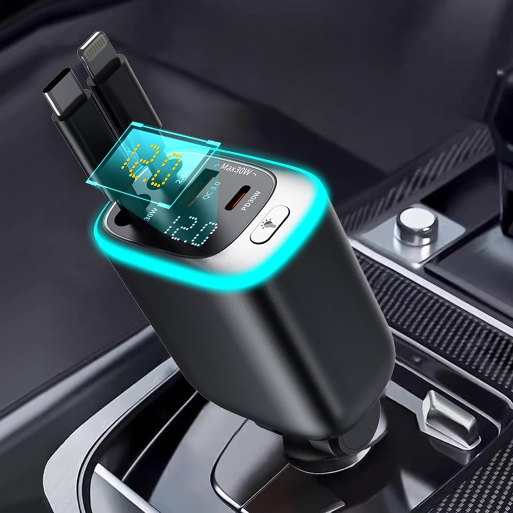 Retractable Car Charger Adapter USB C 4 in 1, 78W Car Cigarette Lighter Phone Charger with Retractable Cables,USB C Socket Compatible with iPhone, Android, Samsung Galaxy