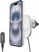 Belkin BoostCharge Pro Magnetic Wireless Car Charger with Qi2 15W, MagSafe-compatible magnetic car vent phone mount for iPhone 17, Air, 16 Series, Pixelsnap, 20W USB-C PSU + 1.5m cable included - Grey