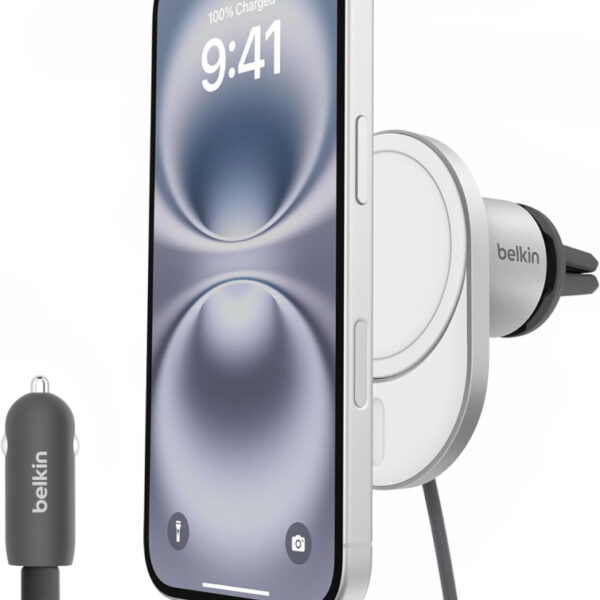 Belkin BoostCharge Pro Magnetic Wireless Car Charger with Qi2 15W, MagSafe-compatible magnetic car vent phone mount for iPhone 17, Air, 16 Series, Pixelsnap, 20W USB-C PSU + 1.5m cable included - Grey