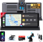 Apple Carplay Screen 10.26 inch Wireless Car Play Android Auto Car Screen 2.5K Dash Cam Dual Camera Dual Bluetooth Mirror Link Voice Control Map Navigation with Waterproof Rear Camera 64G Card