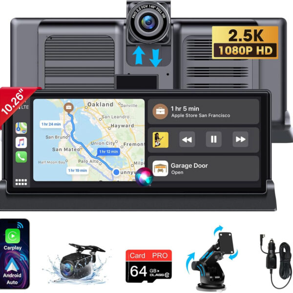 Apple Carplay Screen 10.26 inch Wireless Car Play Android Auto Car Screen 2.5K Dash Cam Dual Camera Dual Bluetooth Mirror Link Voice Control Map Navigation with Waterproof Rear Camera 64G Card