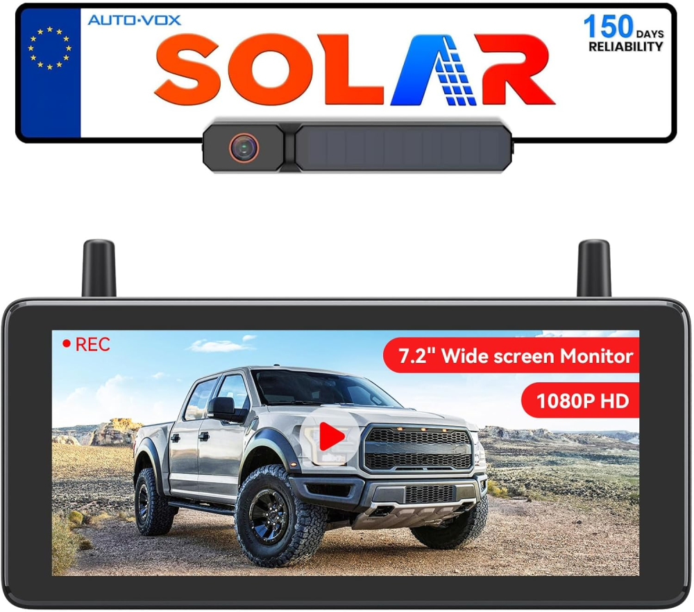 AUTO-VOX 7.2" Solar Wireless Reversing Camera with DVR Loop Recording: HD 1080P, Quick 2-Min Install, Split Screen Reverse Camera Kits for Car, Van, SUV, Truck & Motorhome