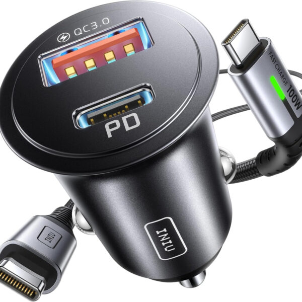 INIU Car Charger, Cigarette Lighter USB Charger Total 60W, 12V USB Socket with [1m] 100W Type C Cable Fast Charge, Car Phone Charge Adapter for iPhone 17 16 Samsung Laptops Switch 2 Car Accessories