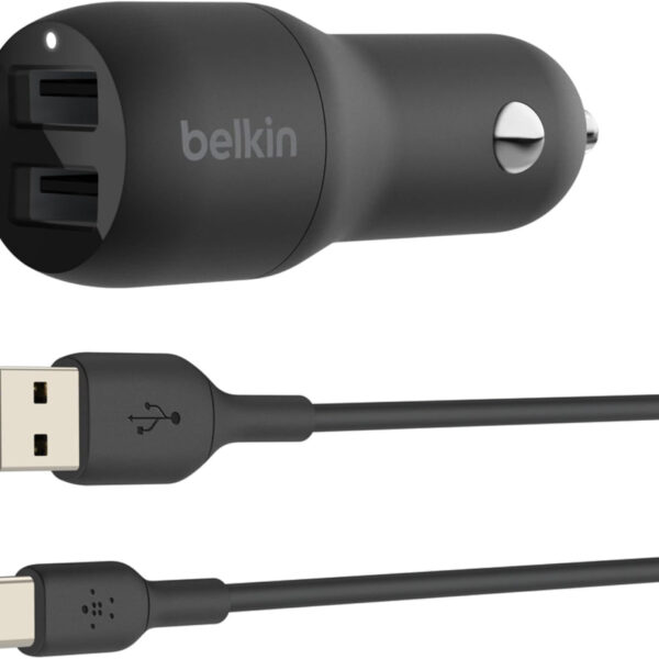 Belkin Boost Charge Dual USB Car Charger 24 W + USB-A to USB-C cable (Dual USB-A Port Charger for Samsung, Pixel, iPad Pro, Nintendo Switch and More)
