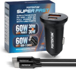 PORTENTUM Car Charger Adapter 60W + 60 W USB-C Cable included – Dual and simultaneous – USBC PD 30W + USBA QC 30W – Cigarette Lighter USB Charging for iPhone iPad Android Tablet Smartphone