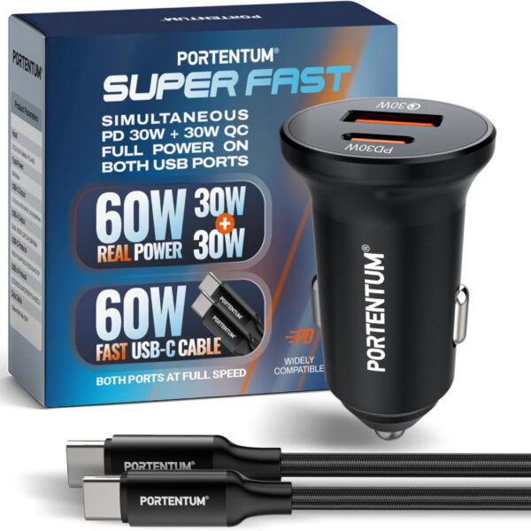 PORTENTUM Car Charger Adapter 60W + 60 W USB-C Cable included – Dual and simultaneous – USBC PD 30W + USBA QC 30W – Cigarette Lighter USB Charging for iPhone iPad Android Tablet Smartphone